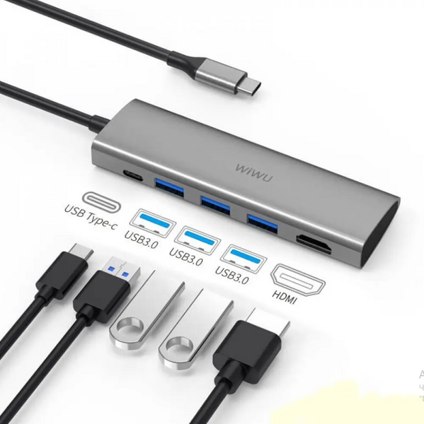 Переходник WiWU Alpha 5в1 хаб HUB USB-C to 3xUSB3.0+Type-C+HDMI концентратор для ноутбука MacBook разветвитель A531H фото