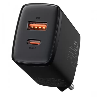 Сетевое зарядное устройство адаптер Baseus QC3.0+PD3.0 20W USB+Type-C 3A быстрая зарядка для телефона черный CCXJ-B01 фото