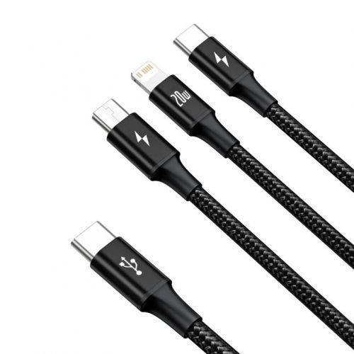 Кабель універсальний Baseus Rapid 3в1 PD 20 W Type-C to Type-C+Lightning+Micro-USB 1.5m для заряджання чорний KB02 фото