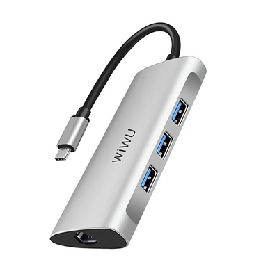 Перехідник WiWU Alpha 6в1 хаб HUB Type-C 3 USB 3.0+SD+microSD+RJ45 концентратор для ноутбука MacBook A631STR фото