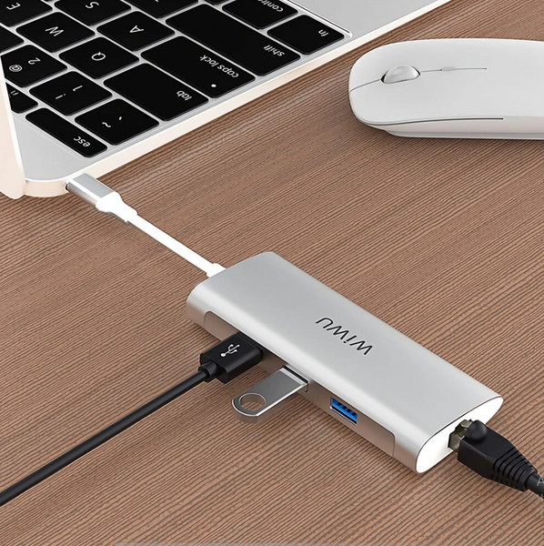 Перехідник WiWU Alpha 6в1 хаб HUB Type-C 3 USB 3.0+SD+microSD+RJ45 концентратор для ноутбука MacBook A631STR фото