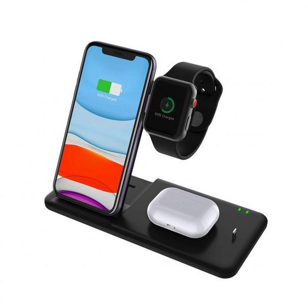 Бездротова зарядка док-станція MICRONIK Q20 4в1 швидка зарядка для Android iWatch AirPods iPhone чорна DS03 фото